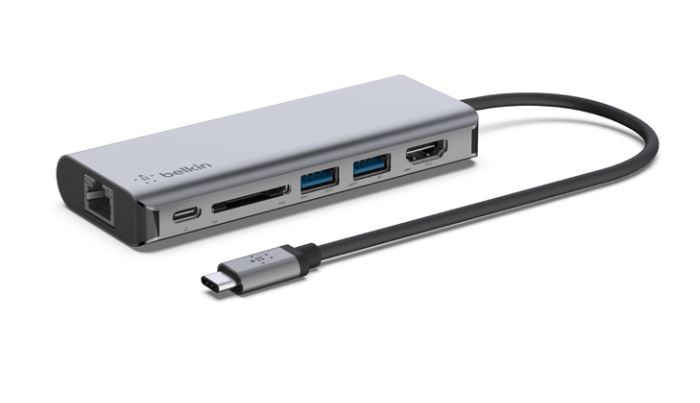 Belkin AVC008BTSGY Connect- Hub 6-en-1 USB-C para MAC y IPAD / RJ45 / HDMI / VGA / 2x USB 3.0 / 1 x SDHC / Gris
