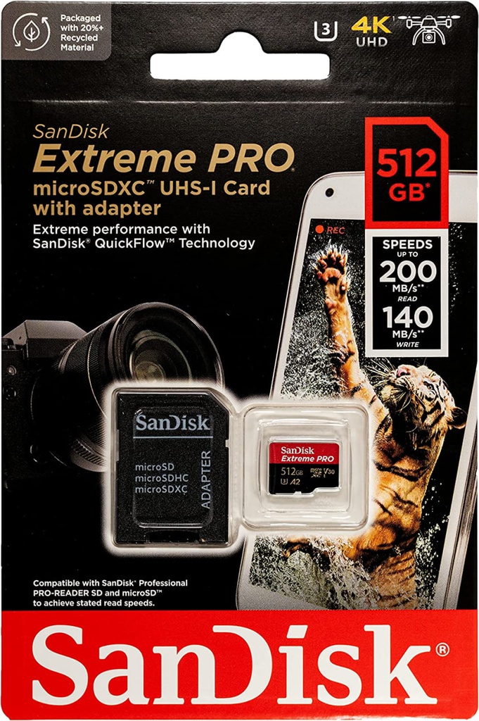 Sandisk Extreme Pro - MicroSDXC Memory 512GB / UHS-I U3 / Class10 / With Adapter