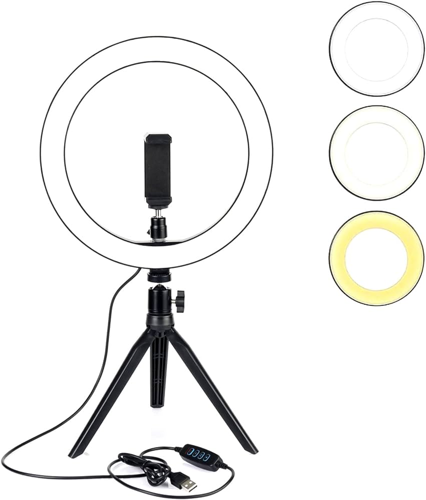 Argom LP-9315BK Spotlight Pro Lámpara Aro LED de 8&quot; con Tripode de Mesa - 10 Niveles de brillo, USB