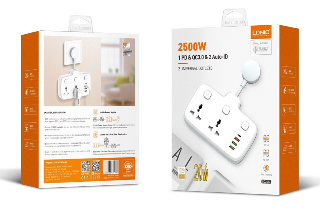 LDNIO SC2413 Power Strip 2 Outlets +1USB-C+2USB-A 