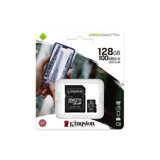[KIN-MEM-MSD-SDCS2128GB-BK-122] Kingston MicroSD 128GB Canvas Select+ / Con Adaptador / Negra