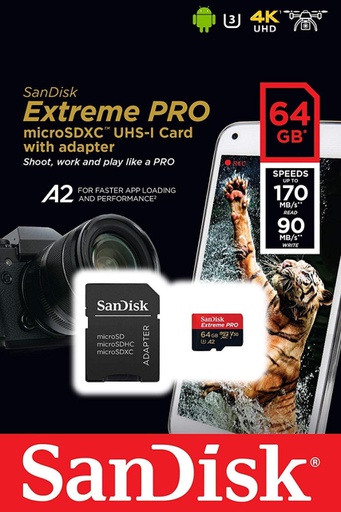 [SAN-MEM-MSD-SDSQXCU64GB-BK-223] Sandisk Extreme Pro - MicroSDXC Memory 64GB / UHS-I U3 / Class10 / With Adapter 