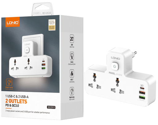 [LDN-PSU-SC2311-WH-225] LDNIO SC2311 Power Strip 2 Outlets +1USB-C+2USB-A