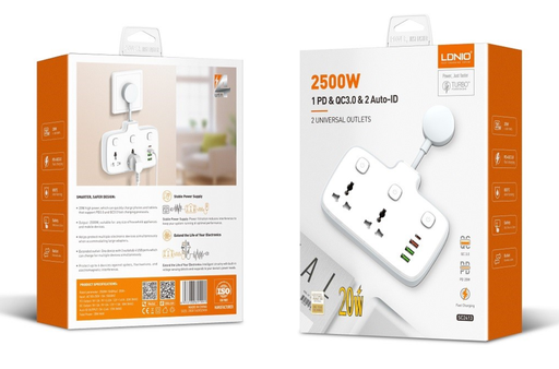 [LDN-PSU-SC2413-WH-225] LDNIO SC2413 Power Strip 2 Outlets +1USB-C+2USB-A 